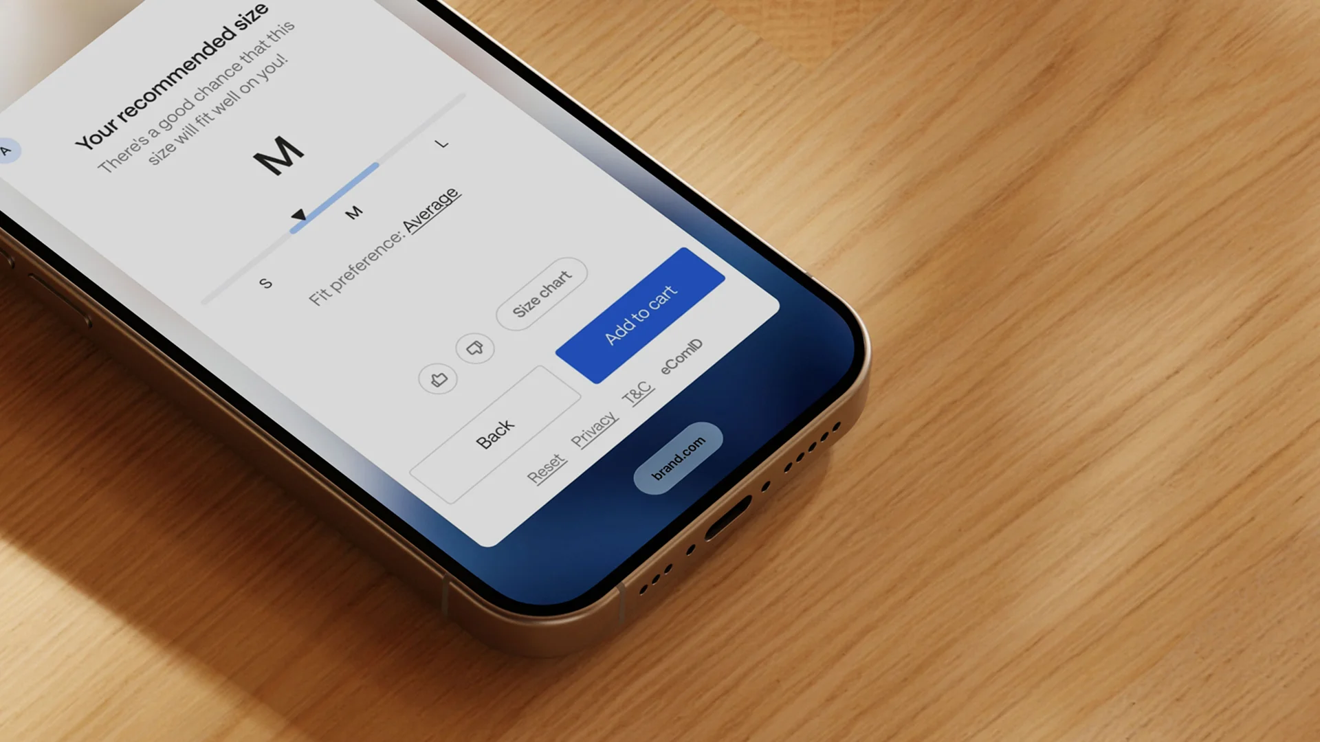 Screenshot of eComID's size finder showing a recommended size 'M' with a fit-preference slider and Add to cart button on a phone.